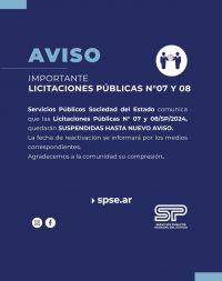 Servicios Públicos comunica las suspensiones de las Licitaciones Públicas N°7 y 8